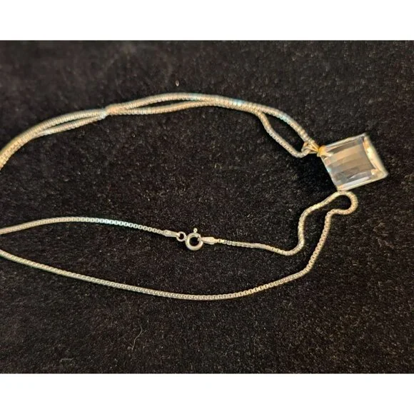 30-Inch Sterling Silver Necklace Square Crystal Pendant Italy 925 10g Elegant - Picture 8 of 15